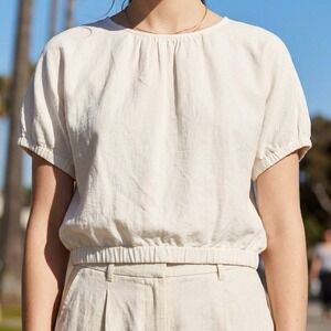 Madewell Linen Blend Tie-Back Bubble Top Women S Cream Short Sleeve Boho Coastal